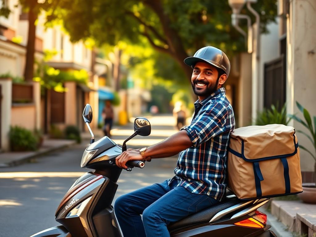 Delivery rider leaving the store with a grocery bag