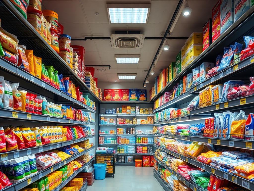 Stocked grocery shelves inside Ghar Ki Kirana