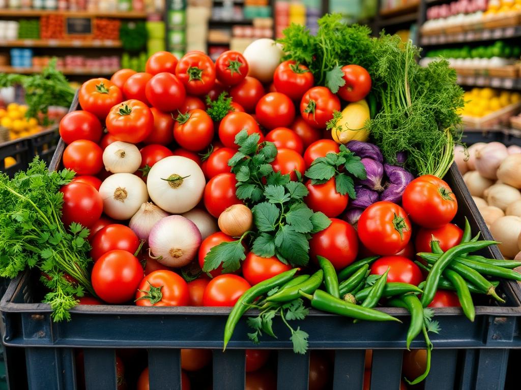 Crate of fresh tomatoes, onions and green chillies